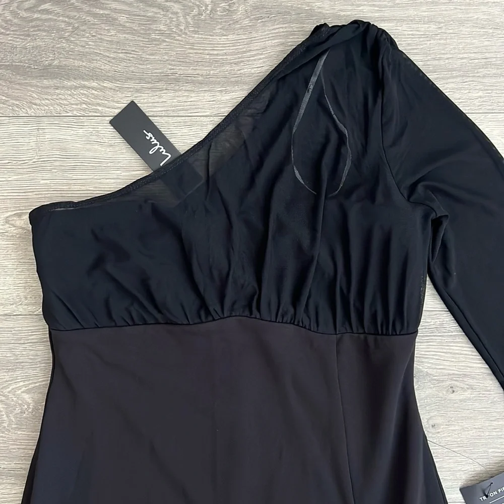 Lulus Stunning Essence One Shoulder Mermaid Maxi Dress Large Black Slit Mesh NWT - Picture 7 of 12